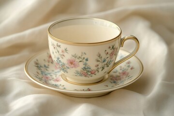 Fototapeta premium Elegant teacup and saucer with floral design resting on soft, draped fabric, creating a tranquil ambiance.