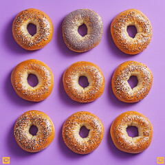
12 bagels on a purple background, photoreal
