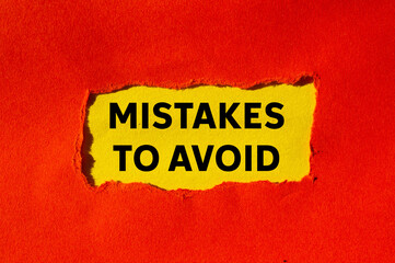 Mistakes to avoid message written on ripped torn red paper on yellow background. Conceptual mistakes to avoid symbol. Copy space.