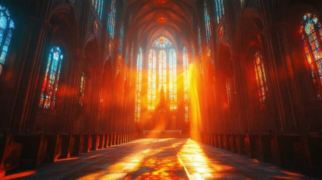 Cathedral Sunrise: Sunbeams stream through stained-glass windows of a majestic cathedral, illuminating the nave with a vibrant, ethereal glow.