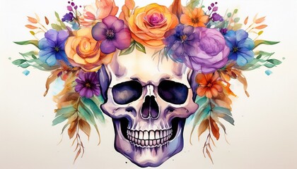 Fototapeta premium watercolor skulls with flower crowns day of the dead floral art