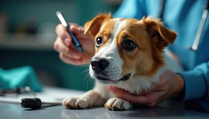 Veterinarian's hands examining pet, tools visible, gloves, clean