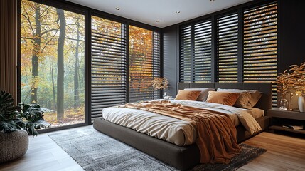 Autumnal bedroom design, forest view, modern interior