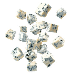 Gorgonzola Cheese Cubes Falling Midair  isolated on a transparent background