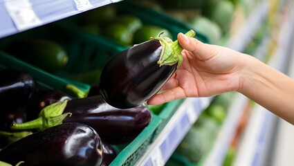 Close-up of a woman's hand selecting a fresh, glossy eggplant from a green crate in a grocery store, highlighting healthy eating, local produce, and conscious consumerism for culinary projects.
