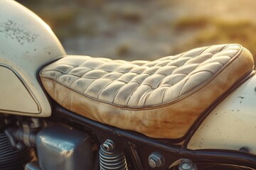 Close-up of vintage motorcycle with worn leather quilted seat, showcasing classic design and rustic charm.
