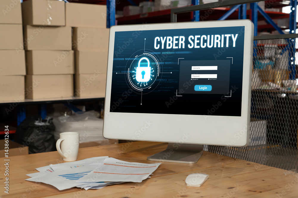 Poster cyber security system on computer screen protect private information snugly from hacker and cyber at