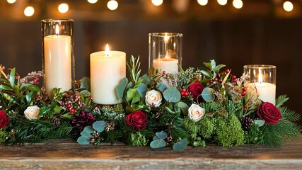 Flickering candlelight on festive floral centerpiece with elegant bokeh lights - Powered by Adobe