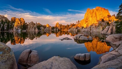 fantastic sunrise over sylvan lake south dakota in custer state park the unique rock formation reflected in the lake