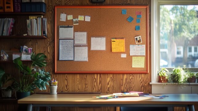 A classroom with a bulletin board displaying student work and announcements