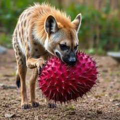Hyena playfully interacting with a large spiky cactus ball