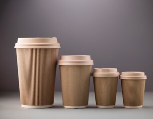 six beige paper coffee cups of different sizes standing on a gray background
