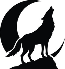 single wolf howling at moon silhouette