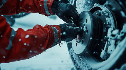 Mechanic Working on Car Brake System in Snowy Conditions