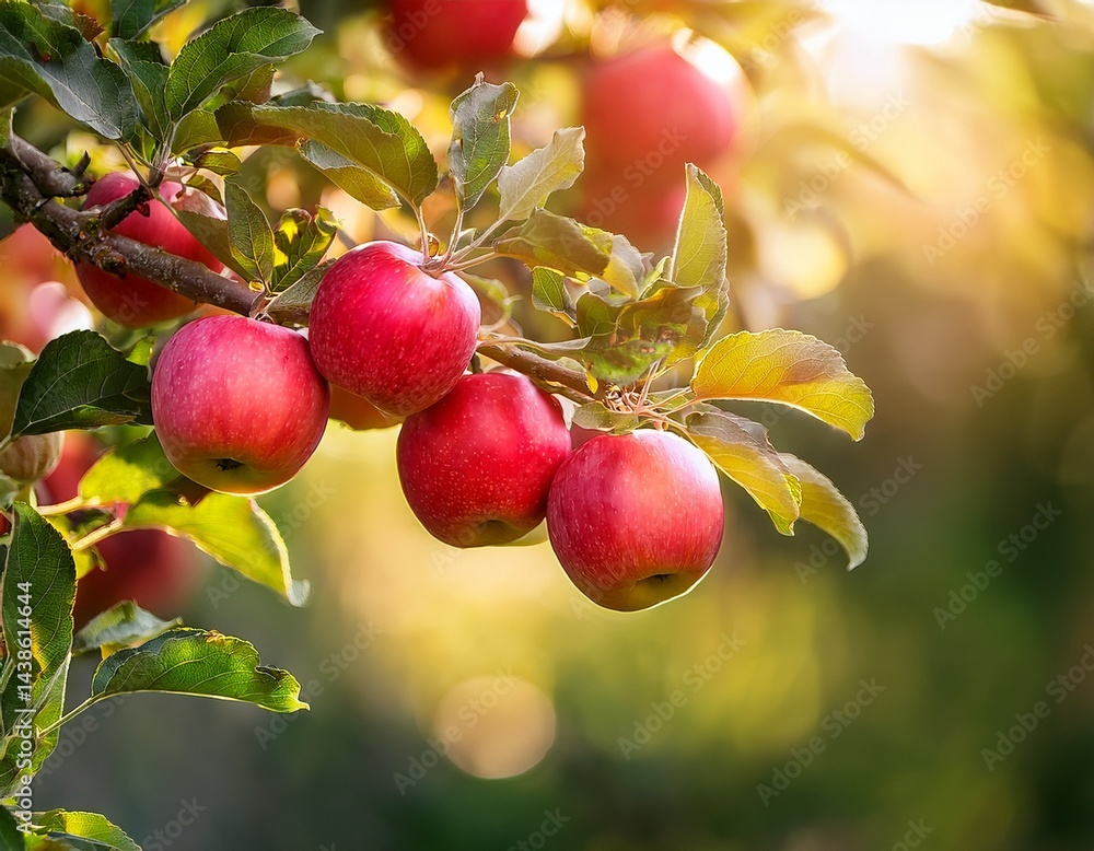 Poster close up of apple tree branch with red apples against green background blurry bokeh effect