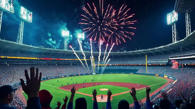 Exciting sports stadium celebration with fireworks and enthusiastic crowd during a night game event, sports stadium over thank you text