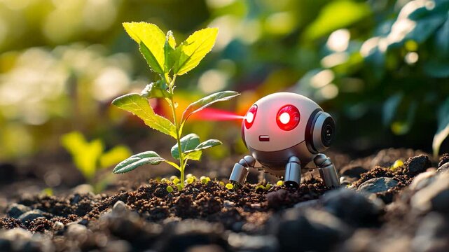 Cute Mini Robot Exploring Young Plant in Garden
