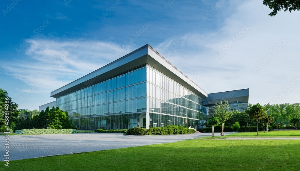 Poster modern office building with large windows and a parking lot in front surrounded by green grass and t
