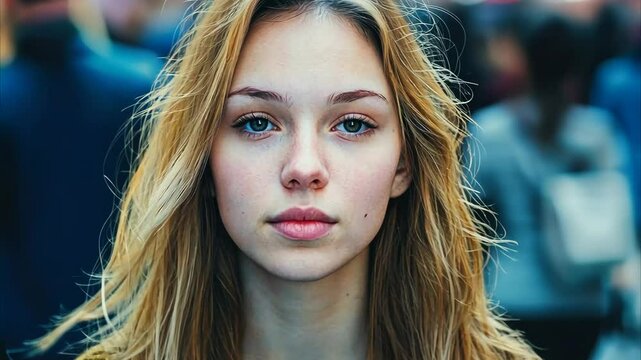 Young woman gazing thoughtfully in bustling crowd on a vibrant city street, Beautiful young woman standing in moving crowd, looking at camera timelapse