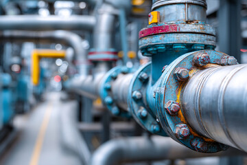 Obraz premium Close-up of industrial pipes, showing metallic texture and blue paint, suggesting themes of industry, engineering, and infrastructure