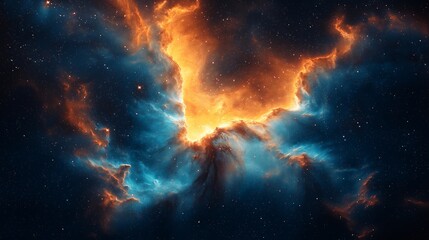 Obraz premium Vivid Interstellar Nebula with Fiery Orange and Deep Blue Gas Clouds – Breathtaking Outer Space Scene with Stars and Cosmic Light