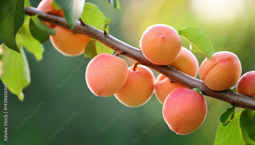 Poster close up of apricot tree branch with pink apricots against green background bokeh effect