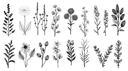 Collection of Wild Herbs and Flowers Isolated on White Background - Botanical Illustration