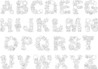 English alphabet with letters made from funny toys and cute baby animals, for preschool education, a set of black and white vector cartoon illustrations for a coloring book
