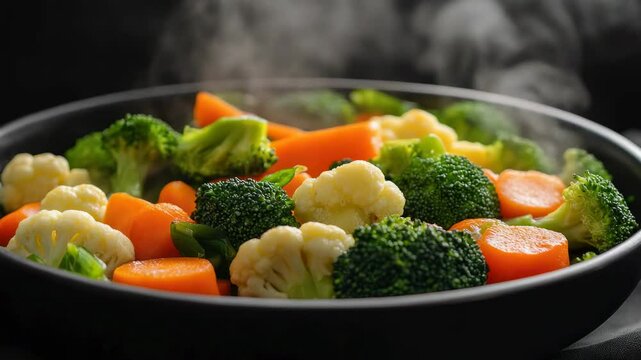 Colorful vegetables, broccoli and carrots, cooked in a pan on the stove.