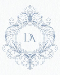 Vintage-style Line Art Baroque Frame for Monogram & Invitation Design, Classical, Elegant European Style.