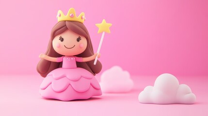 Cute princess figurine with magic wand and crown on pink background.