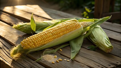 A fresh corn cob with husk partially peeled back on a sunny day