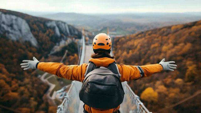 A parachutist walks across a suspension bridge high in the mountains, preparing to jump down. Bungee jumping.