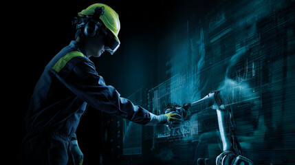 Worker in VR headset interacts with robotic arm via holographic interface, showcasing advanced industrial technology and human-robot collaboration in manufacturing