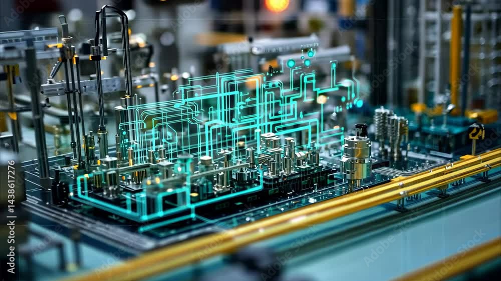 Poster data processing systems and diagrams displayed on a circuit board during a technological overview, s