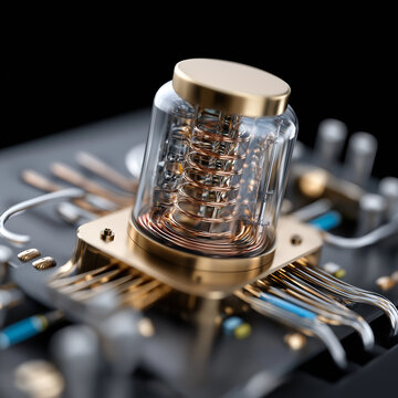 Quantenchip oder Prozessor mit goldenen Leiterstrukturen in transparentem Geh&auml;use