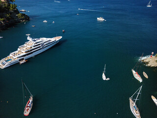 Luxury yacht anchored in serene waters surrounded by smaller boats and scenic coastline, showcasing...