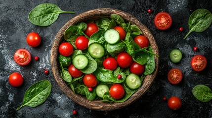 Fresh salad of spinach, tomato, and cucumber in wooden bowl