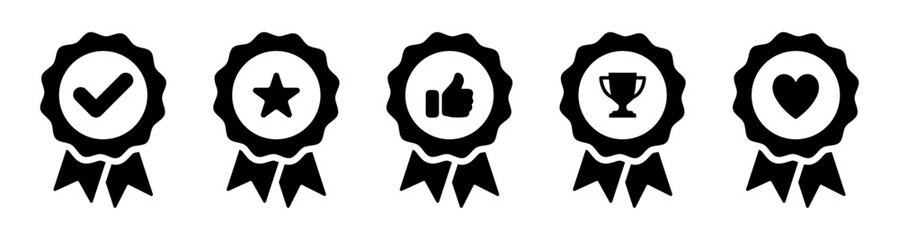 Set of 5 black award badge icons check mark, star, thumbs up, trophy and heart. Perfect for achievements, certifications, rewards, and recognitions in minimalist design. Badge, icons, vector.