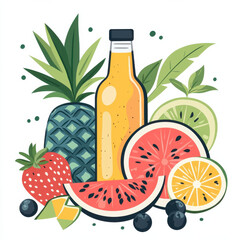 Fresh fruit juice with colorful fruits and bottle