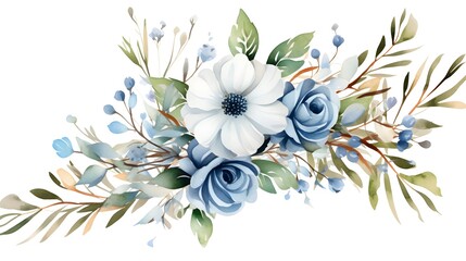 Vibrant blue flower with white buds on green leaves and brown dry branches