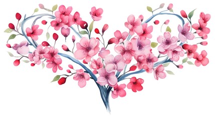 Decorative Branches with Pink Flowers and Berries Arranged in Heart Shape for Floral Design Projects