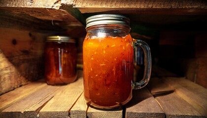 a mason jar filled with homemade jam in a shed or a cellar