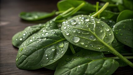 A bunch of fresh spinach leaves glistening with water droplets
