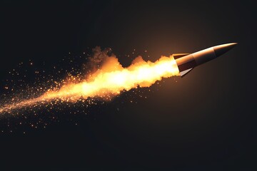 A powerful missile launch against a dark night sky fiery trails and glowing sparks illuminate the scene dynamic motion captured in a dramatic image with dark