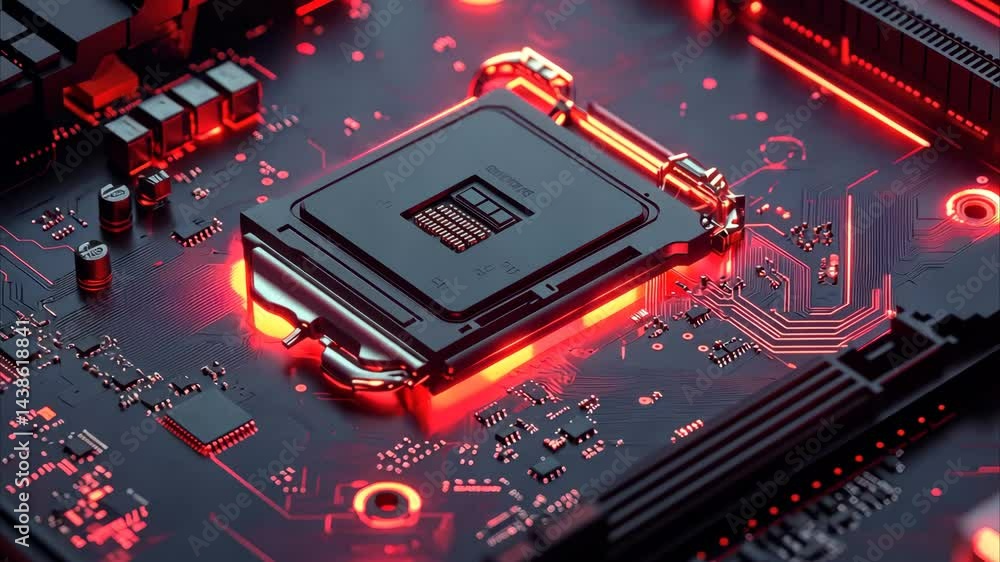 Poster motherboard digital chip illuminated in a dark environment showcasing intricate circuitry and vibran
