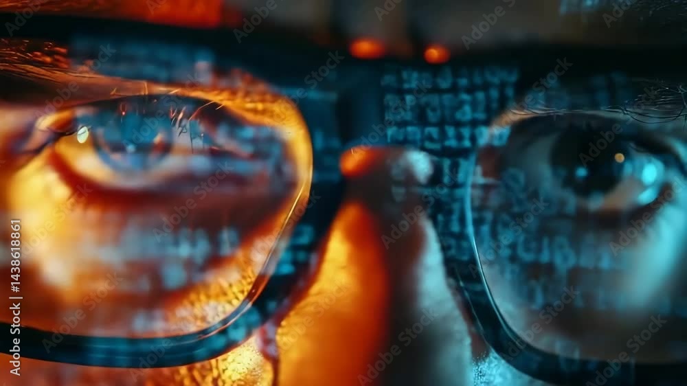 Wall mural closeup of man wearing glasses with glowing binary code reflection