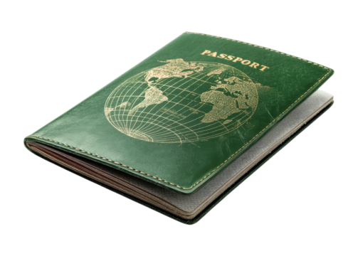 Vintage Style Green Leather International Passport Cover with Golden World Map Globe Design and Text Isolated on Transparent and White Background