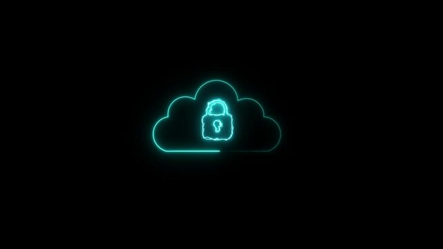 Neon cloud security icon animation background, cloud computing with lock, cyber security in cloud storage, digital safety