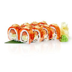 Philadelphia uramaki sushi rolls with salmon, sesame and spicy sauce on white background